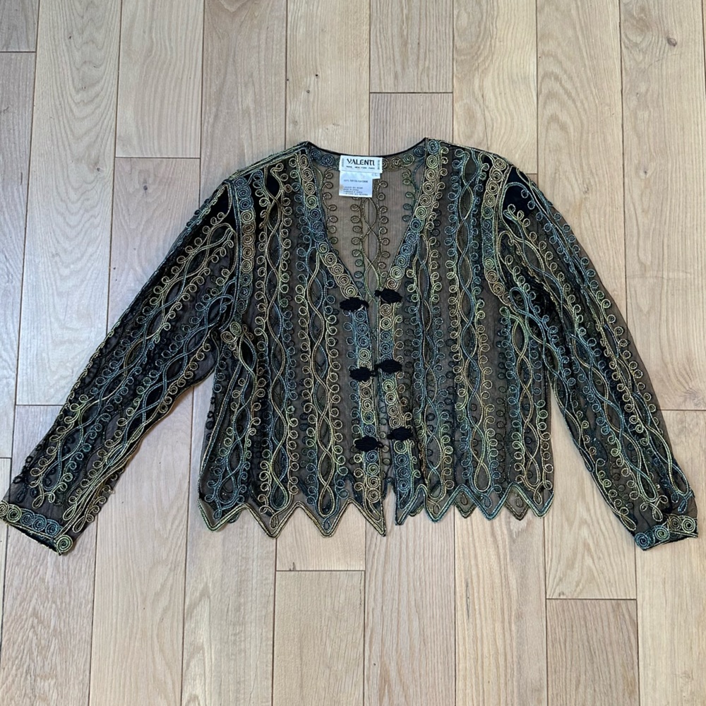Beaded Lace Jacket - Black with Gold & Green Embroidery